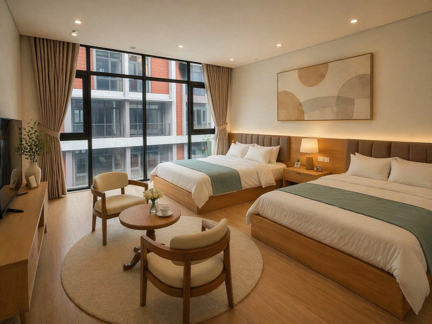 Phòng Family VIP Bery Home - 40m² với 2 giường, view nội khu cho mẹ và người thân